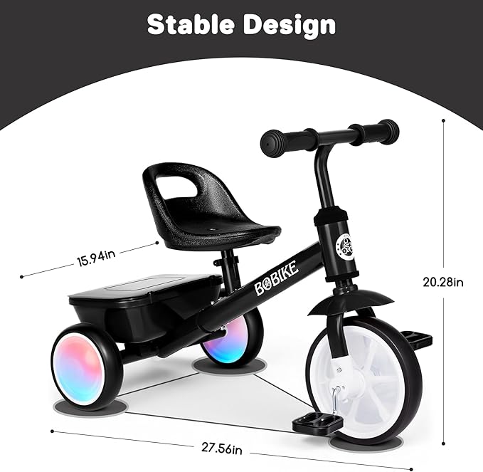 Bobike Toddler Tricycle for Ages 2-5 Years, Tricycle with 2 LED Light Wheels, Toddler Bike with 3-Position Seat and Rear Basket, Kids Bike Gift for Boys & Girl (Black)