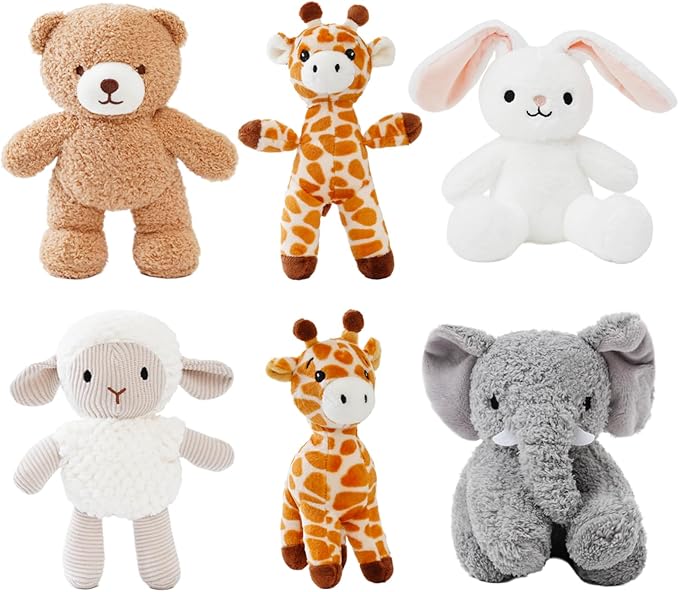 6 Pcs Stuffed Animals Bulk, 8 Inch Small Stuffed Safari Animals, Zoo Stuffed Animals Set (Sheep Elephants Bear Giraffe Bunny) Baby Shower Party Decor, Easter Gift for Classroom Kids, Girls