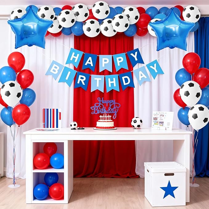 Soccer Birthday Party Decorations, Soccer Party Decorations Supplies with Blue Red Balloons Happy Birthday Banner Cake Toppers 18in Foil Balloon for Boys Girls Sport Theme Party Decor