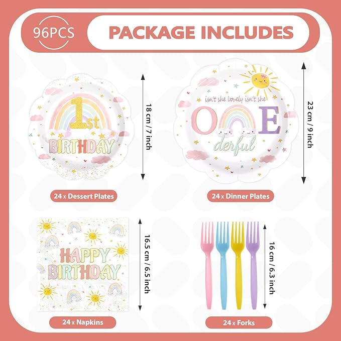 96Pcs Isn't She Onederful Birthday Party Decorations Isn't She Lovely First Birthday Paper Plates and Napkins Set Rainbow 1st Birthday Decoration for Girls One Year Old Bday Party Supplies Serves 24