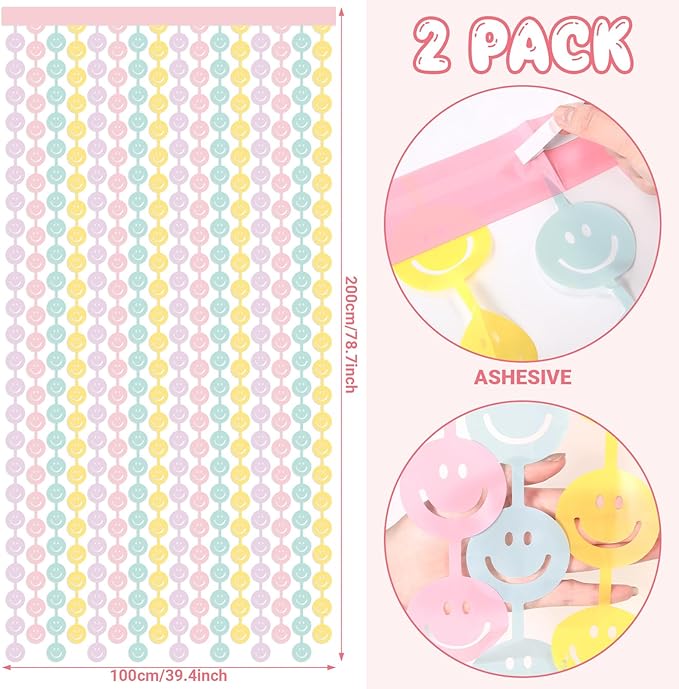 Tellingyou 2 Set Smile Face Foil Curtain Smile Party Decorations Happy Pastel Birthday Decor Macaron Color Bachelorette Backdrop Booth Prop Preppy Party Baby Shower Supplies