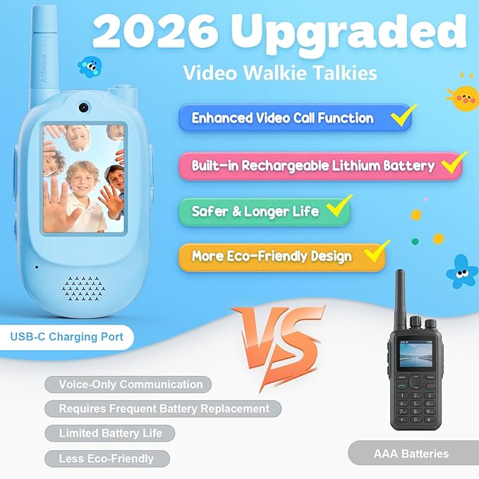 Video Walkie Talkies for Kids, 2 Pack Rechargeable with Screen & Voice Changer, Long Range Two Way Radios for Indoor Outdoor Play, Camping, Birthday Gifts for Boys Girls Ages 3-10