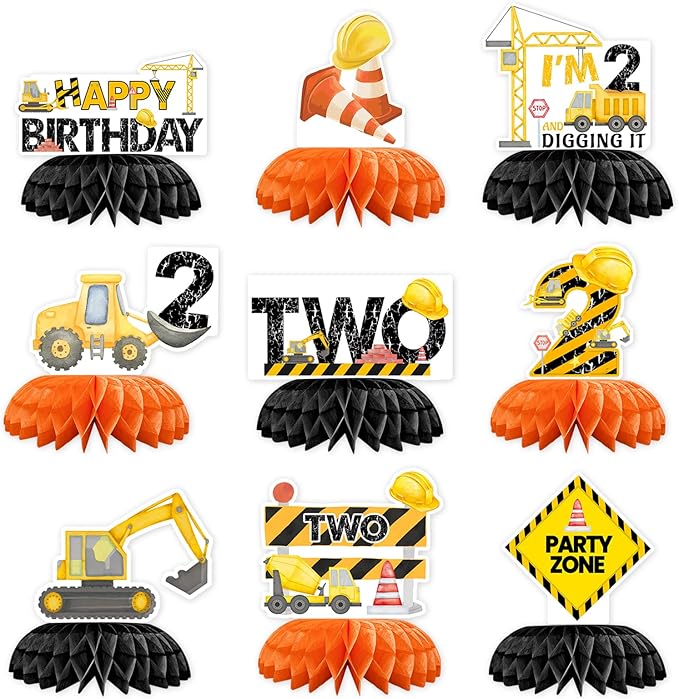 9 Pcs Construction 2nd Birthday Party Decorations Excavator I'm 2 and Digging It Honeycomb Centerpieces Table Toppers for Kids Boys Truck Themd 2 Years Old Birthday Party Supplies Table Decoration