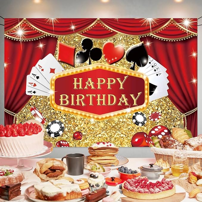 Casino Theme Birthday Party Backdrop Las Vegas Casino Happy Birthday Banner Poker Photography Background for Home Decorations Party Supplies 70.8 x 47.2 Inch