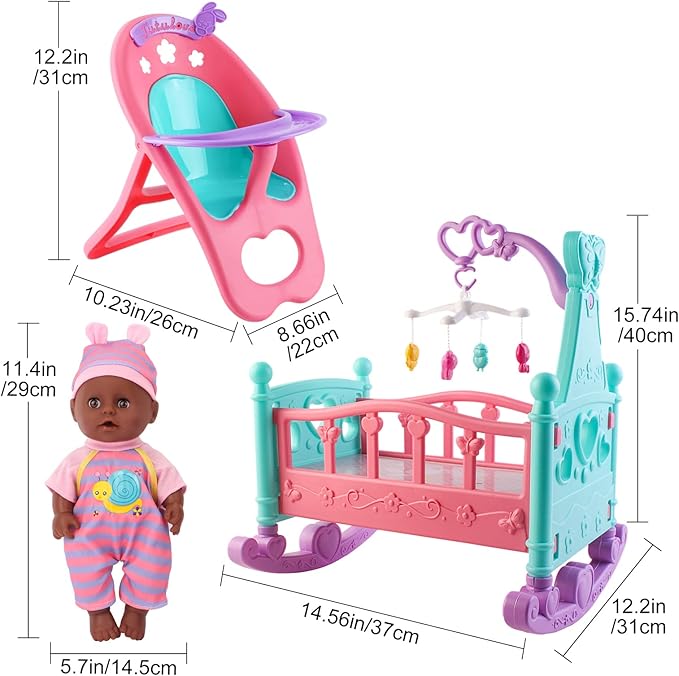 deAO Black Baby Doll Set - Mobile, High Chair, Stroller & Feeding Accessories - 21 Piece Play Set (Doll Included)