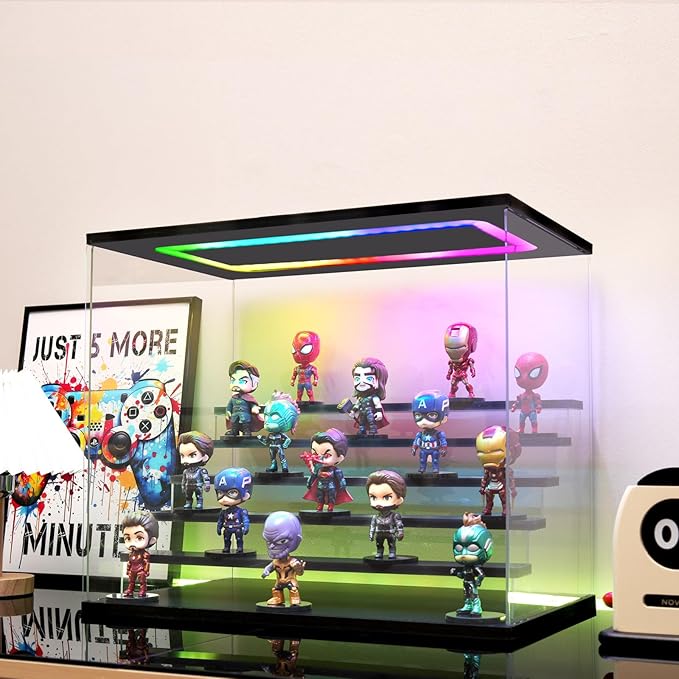 Clear Acrylic Display Case with Light , 6 Tier Multiple Color Lights Display Box Stand Assembly Dustproof Protection Showcase for Collectibles Action Figures (Black 6 Tier L 19.7*12.6*16.5in)