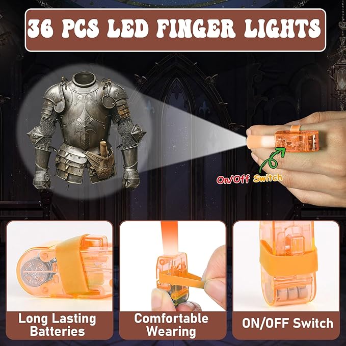 36Pcs Medieval Knight LED Finger Lights Medieval Party Favors Glow in the Dark Light Up Finger Lights Knight Themed Toys Bulk for Kids Birthday Party Goodie Bag Stuffer Birthday Gifts Classroom Prize
