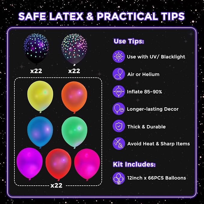 LovesTown 66PCS Glow Balloons Assorted, UV Neon Latex Balloons 12" with Small Dots for Birthday Wedding Glow Party Supplies