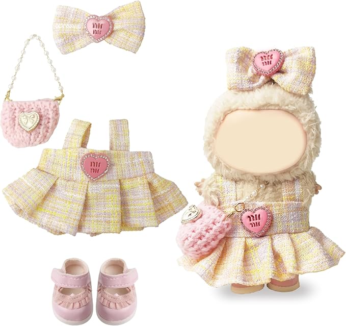 Clothes Compatible with LABUBU – Blue & White Tweed Dress with Bow, Bracelet & Shoes | 4PCS Couture-Inspired Outfit for 8-Inch Dolls (Blush Tweed Belle)