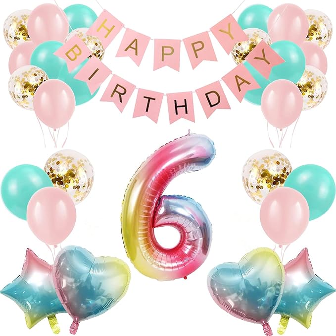 6th Birthday Decorations for Girls Gradient color Age 6 Birthday Balloons with Happy Birthday Banner for Baby showers Sixth Birthday Party Supplies for Girls Boys (6th-Birthday)