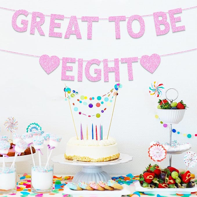 8th Birthday Party Decorations for Girls, Pink Glitter Great to Be Eight Banner, Girls 8 Years Old Birthday Party Decorations Supplies