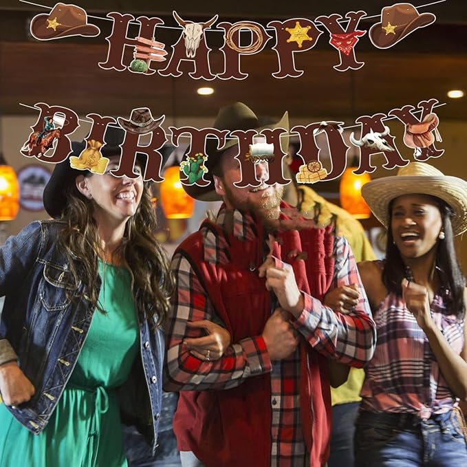 Western Cowboy Theme Wild West Party Decoration,Pre-Strung Happy Birthday Banner,Retro Horse Rodeo Party Supplies for Boys,Cowboy Hat Horses Garland for Boys Birthday Party