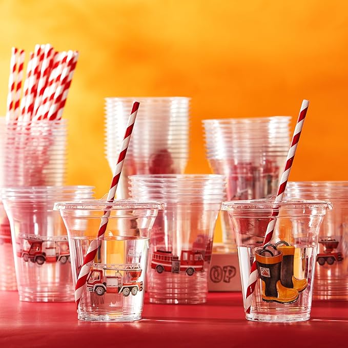 Boao 36 Pcs Watercolor Fire Truck Party Cups with Lids and Paper Straws 14 oz Disposable Clear Plastic Cups for Firefighter Birthday Party Favor Supplies Decorations