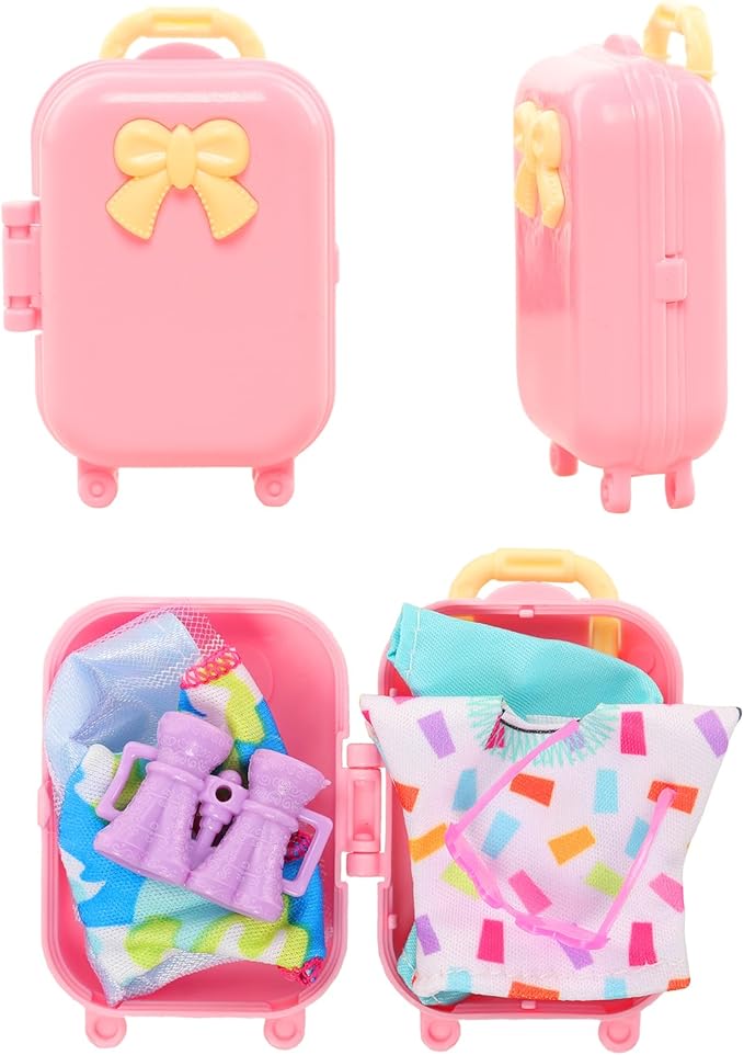 25 Pcs 5.3 Inch Doll Clothes Suitcase Accessories 4 Dresses 3 Tops and Pant Outfits 3 Swimsuits 1 Luggage 3 Shoes 11 Travel Accessories Glasses for 5.3 Inch Dolls(Doll NOT Include)