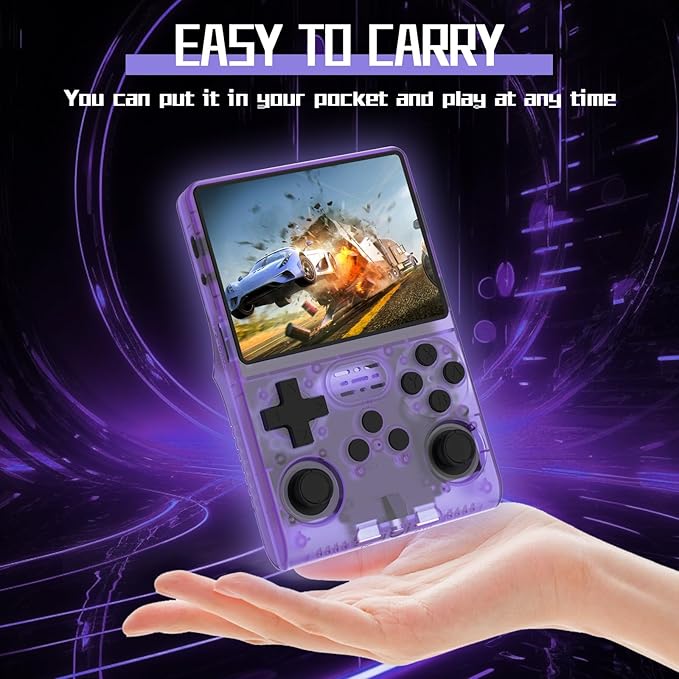 FHYRGF[30000 in 1 R40S PRO Handheld Game Console 3.5 inch IPS Screen Mini Retro Console 3800mAh Portable Pocket Arcade 12+ Mainstream Emulator 256G TF Card Transparent.(Purple)