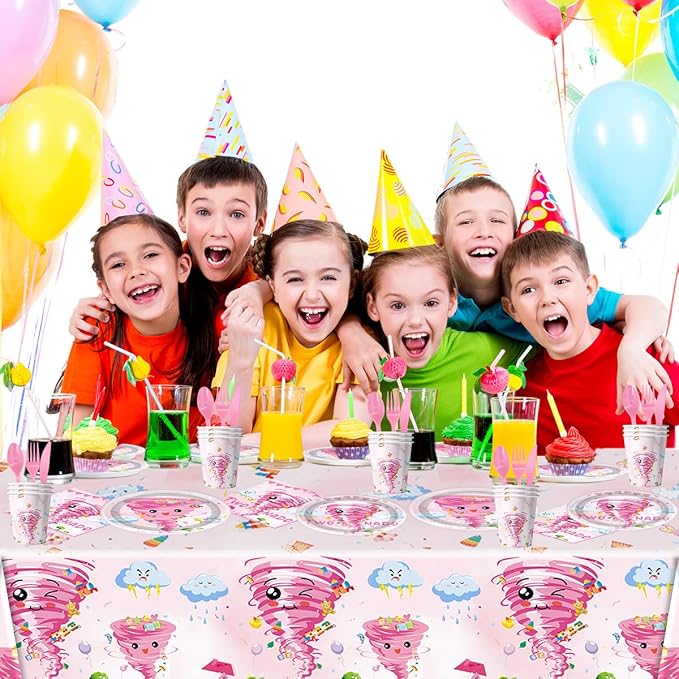 81Pcs Pink Tornado Theme Party Tableware Set Pink Two Nado Birthday Party Decoration Tornado Party Supplies