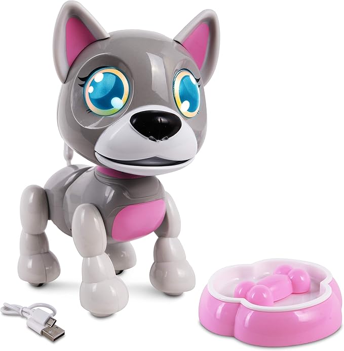 NKOK USB PetBotz - Robo Puppy, Rechargeable, Miniature, Interactive pet Robot, Lights up, Sound Activated, Makes Noises on Command, Comes with pet Bowl and Bone, USB Charger Included