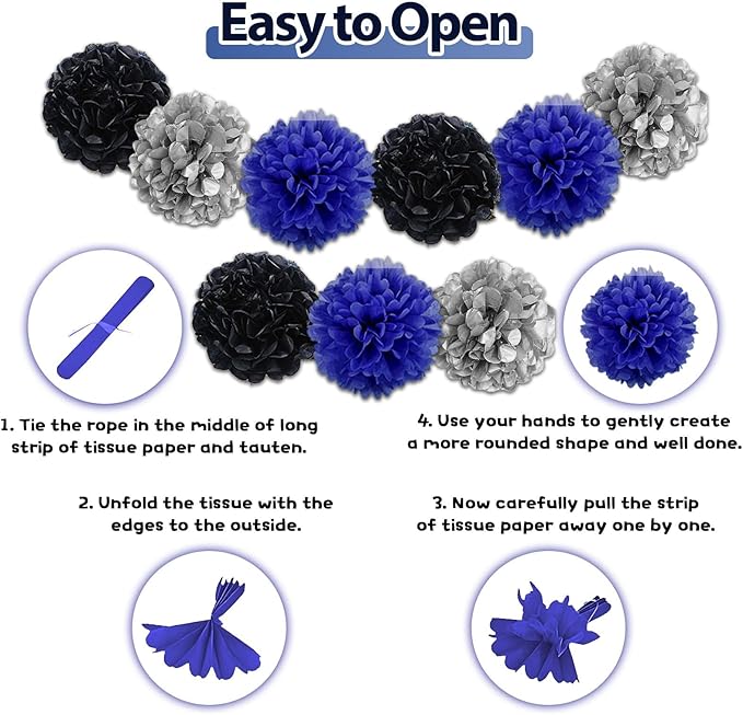 Navy Blue Silver Birthday Decorations for Men - Confetti Balloons, Happy Birthday Banner, Silver Fringe Curtain, Tissue Paper Pompoms, Star Garland