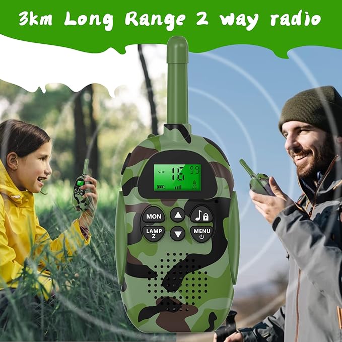 Walkie Talkies for Kids Adult, 2 Pack Rechargeable Kids Walkies Talkies, 3km Long Range, 22 Channels, Kid Birthday Gift for 3-12 Year Old Boys Girls for Outdoor Adventures, Hiking, Camo