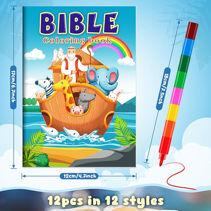 BenLouis 12 Christian Mini Coloring Books Kids with 12 Stacking Crayons Bible Verse Religious Party Favors Small Activity Books Bulk for Kids Sunday School Christmas Party Gift Goodie Bag Stuffers