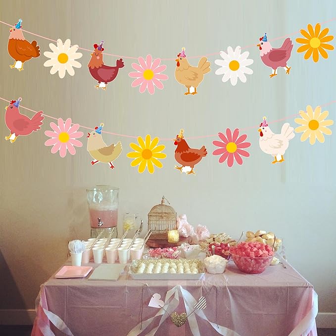 Chicken and Daisy Banners Chicken Birthday Party Decorations 2PCS Chick Hen Boho Flower Cutout Banner Farm Theme Decor for The Chick is One Birthday Party Supplies