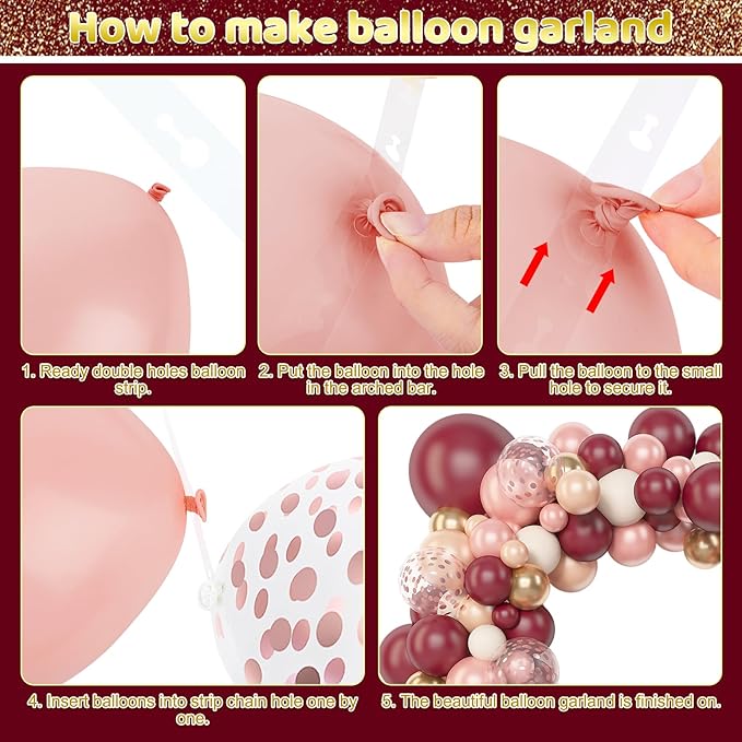 Amandir 153pcs Burgundy Balloons Arch Garland Kit, Different Sizes 18 12 10 5 Inch Pearl Champagne Rose Gold Confetti White Sand Maroon Balloon for Wedding Birthday Bridal Valentines Party Decorations