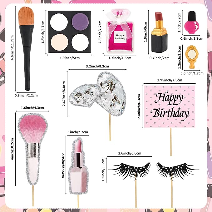 Hooqict 12Pcs Makeup Cake Decorations Set with Mini Lipstick, Mirror, Makeup Tools, Spa Birthday Party Cake Toppers & Cupcake Toppers for Girls Women Spa Birthday Party Supplies