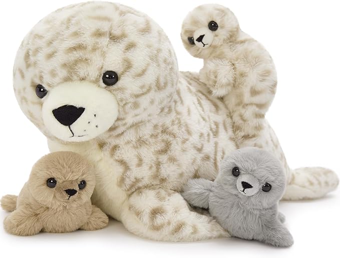 4 Pcs Seal Stuffed Animal Set, 20" Mother Plush Toy with 3 Babies in Mom's Belly, Cute Leopard Stuffed Seal Plushie for Girls Boys Kids, Kawaii Chirstmas Bithday