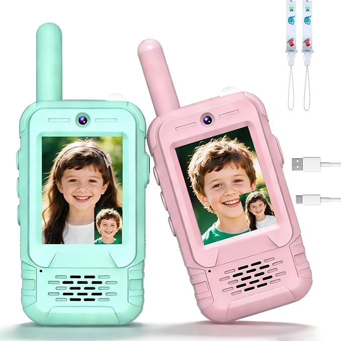 2 Pack Rechargeable Video Walkie Talkies for Kids - Long Range 2-Way Radios with Built-in Torch Light, Belt-Clip Design, Video Intercom & Voice Effects, Gifts & Toys for 3-12 Boys Girls