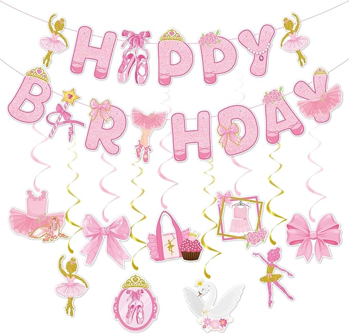 Zwiebeco Pink Gold Ballerina Happy Birthday Banner Bunting Hanging Paper Swirls Garland Party Decorations for Girls Women Princess-Style Ballet Dancing Themed Bday Decor Accessories Supplies