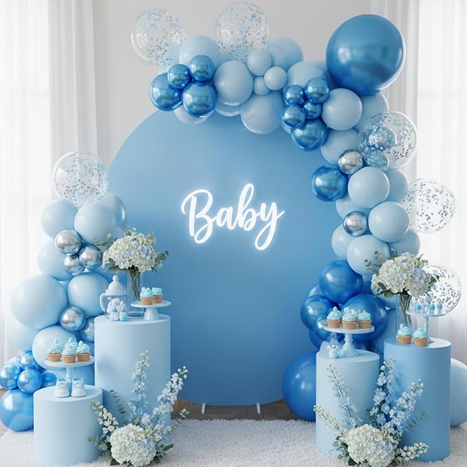 RUBFAC Metallic Blue Balloons 129pcs Different Sizes Pack of 18 12 10 5 Inch, Latex Chrome Blue Balloon Garland Arch Kit for Wedding Baby Shower Birthday Party Graduation Decorations