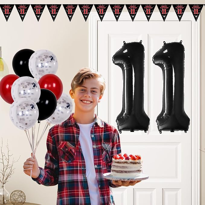 11th Birthday Decorations for Boys Girls, Happy 11th Birthday Decorations Boy, Red Black 11 Year Old Birthday Door Banner, Triangle Flag, Large Number 11 Balloons Bday Party Decor for 11 birthday