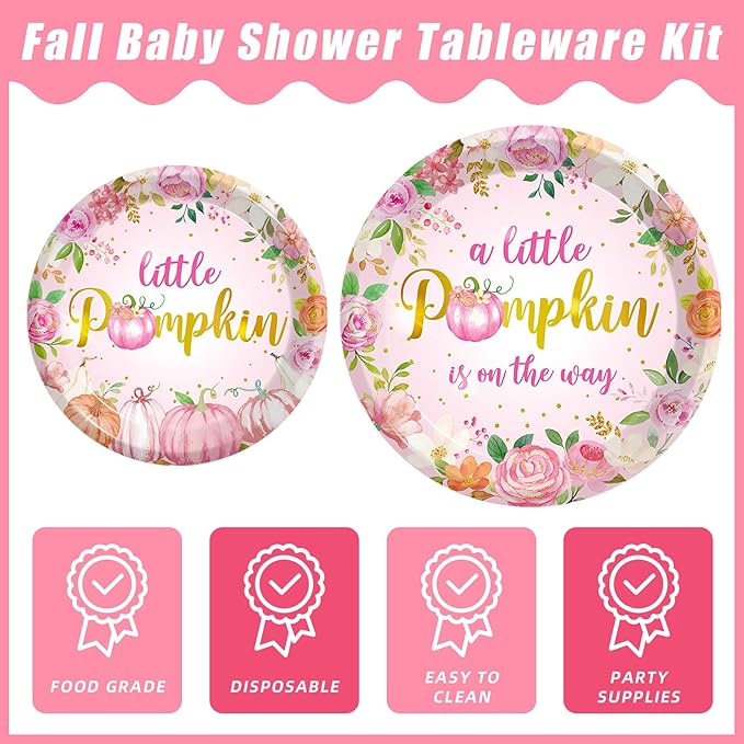 96Pcs Fall Little Pumpkin Baby Shower Plates and Napkins, Autumn A Little Pumpkin is on The Way Party Supplies Decorations Thanksgiving Girl Pink Floral Baby Shower Tableware Kit, Serves 24