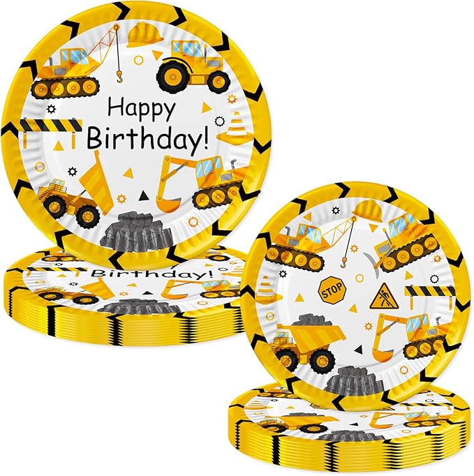 118 Pcs Construction Birthday Party Decorations Dump Truck Paper Plates Napkins Forks Cups Tablecloth Banner Dinnerware for Construction Baby Shower 1st 2nd 3rd 4th Birthday Party Supplies