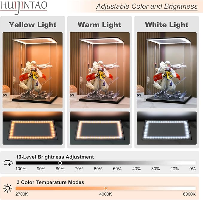 LASOA Acrylic Display Case with Warm Color Changing LED Light, Clear Display Box for Action Figures and Collectibles, Self-Assembly Dustproof Showcase with Black Base, 13.8x13.8x13.8inch