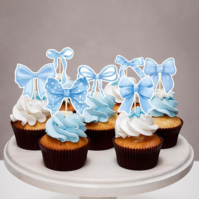 Blue Bow Cupcake Toppers Decor - Deorfuy 40PCS Blue Bow Themed Cupcake Picks Birthday Party Decorations Coquete Bday Supplies for Baby Shower