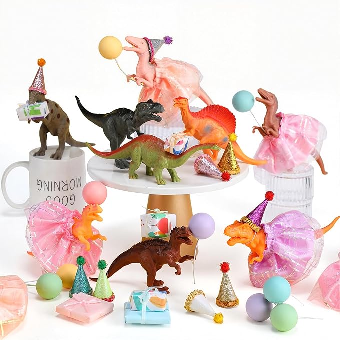 Weysat 41 pcs Dinosaur Figures Cake Topper Animal Birthday Party Decorations with Mini Hat and Skirt, Colorful Balls, Jungle Toppers Decoration with Gift Boxes for Themed Party(Dinosaur)