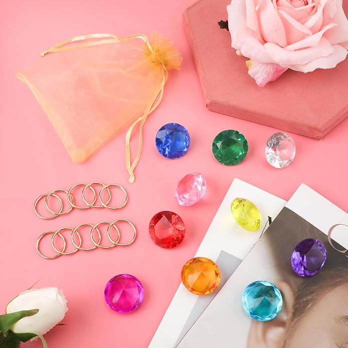 Chaos Emeralds and Rings Set, Include 10pcs Acrylic Crystal Diamond Gems with 10pcs Gold Power Rings Pirate Treasure Hunt Jewels for Kids Birthday Party Favor Supplies Cake Decoration
