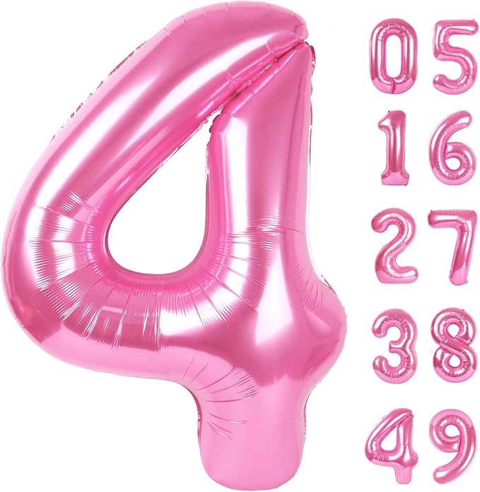 40 Inch Pink 4 Birthday Number Balloon, Giant Number Four 14 24 34 40 44 Balloons, Foil Mylar Big Balloons for Anniversary Graduation Supplies Decorations