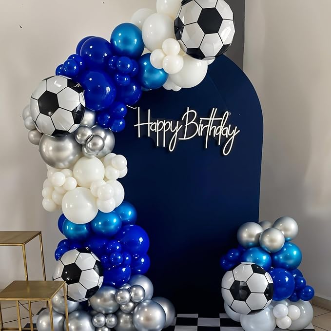 Soccer Balloon Arch Kit,Royal Blue Silver White Metallic Silver Football Balloons for Boy Soccer Birthday Party Decorations Baby Shower Wedding Anniversary Graduation Sport Themed Party Supplies