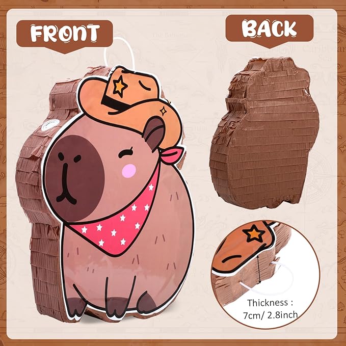 Western Capybara Piñata for Kids Birthday Party 15.7 x 10 x 2.8 Inches Cowboy Hat Animal Piñata with Bat Blindfold and Confetti for Christmas Baby Shower Photo Props Decoration