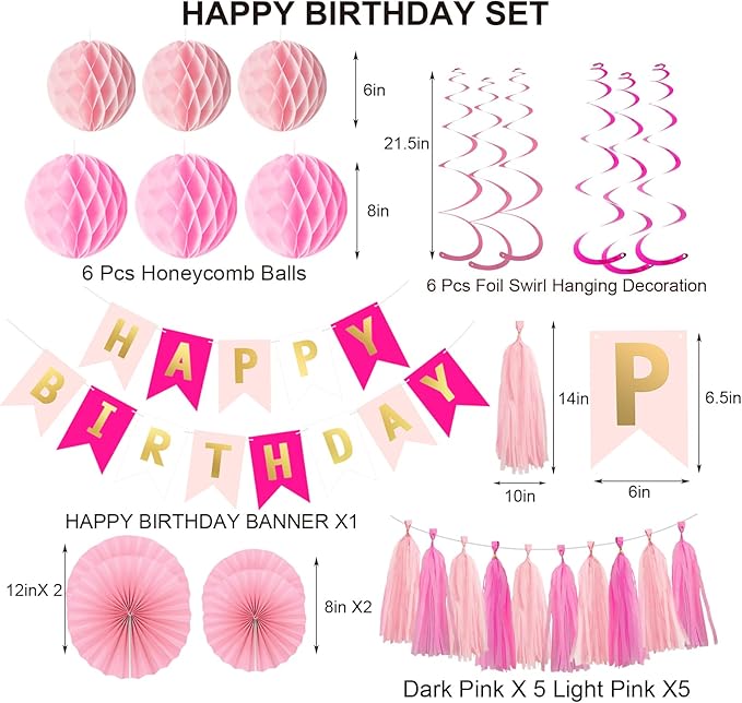 Pink Birthday Decorations Set for Women Girls Happy Birthday Banner Honeycomb Balls Paper Fans Hanging Swirl Streamers Tassels Complete Pink Birthday Party Decor Supplies