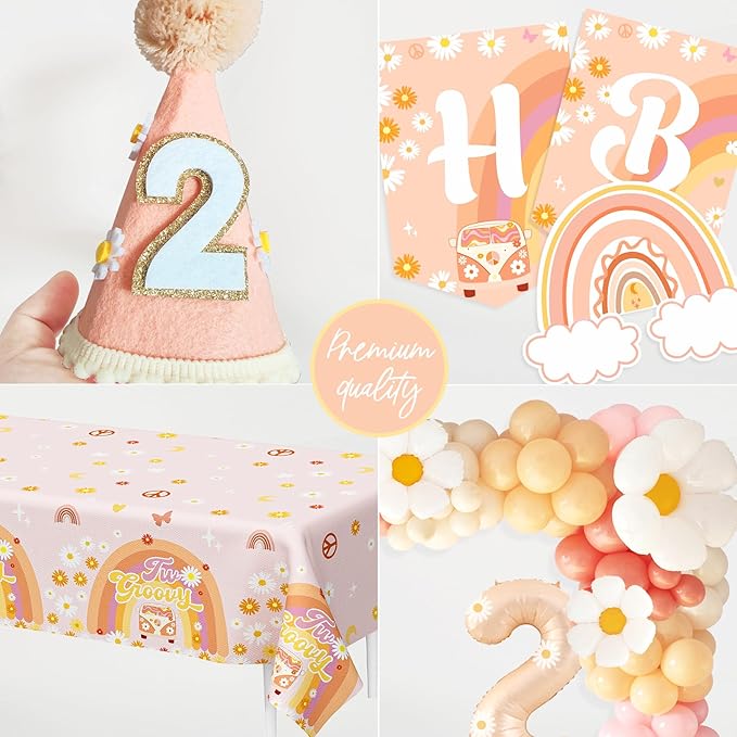 Two Groovy Party Decorations, Two Groovy Birthday Party Supplies, Daisy Groovy 2nd Birthday Décor, Daisy Boho Rainbow Second Bday Decor for Baby Girl