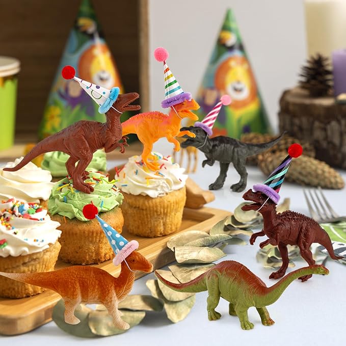 Hooqict 20Pcs Dinosaur Cake Decorations with Mini Birthday Party Hats Dinosaur Cake Topper for Kids Boys Girls Wild Animals Dino Themed Birthday Party Decorations Supplies