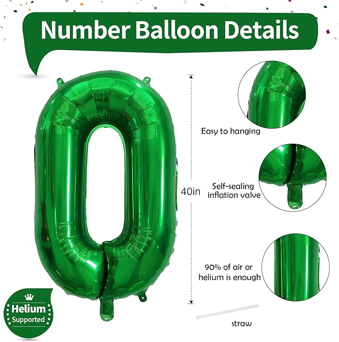 Dark Green Number Balloons for Kids, 40 Inch Foil Helium 0-9 Set Balloons, Self Inflating Big Number 0 Balloon for Boys Girls Age Birthday Party Baby Shower Anniversary Jungle Decoration Supplies