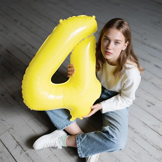 40 Inch Large 4 Balloon Numbers Macaron Yellow Big Foil Number Balloons Giant Helium Happy 14th 24th Birthday Party Decorations for Man and Women, Huge Mylar Anniversary Party Supplies