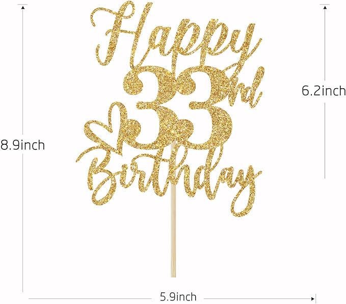 Gold Glitter Happy Birthday Cake Topper, Funny 33rd Birthday Party Supplies