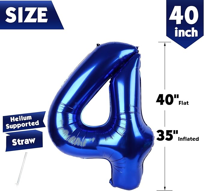 40 Inch Night Blue Number 4 Balloon, Giant 4 Number Balloons for 4th Birthday Decorations, Party Supplies for Baby Boy Girl, Night Blue Party Decor