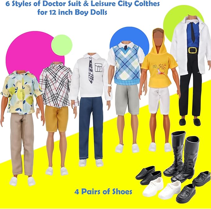 71Pcs Doll Clothes & Accessories for 12 Inch Boy & Girl Dolls - Pet Care Set Includes 25 Wear Clothes, Shirts, Jeans, Suits, Shoes, Pet Doctor Playset, Trolley, Backpack