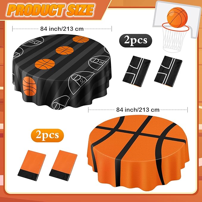 4 Pack Round Basketball Tablecloth 84 Inch Plastic Basketball Party Decorations Disposable Table Cloth Washable Disposable Table Cover for Birthday Party Supplies Decoration